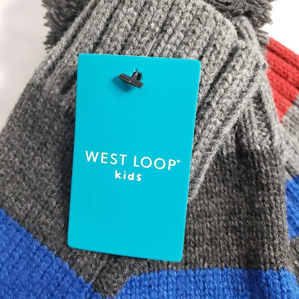 West Loop Kids One Size Winter Hat & Glove Set Gray Blue Red Stripe‎ Neutral New